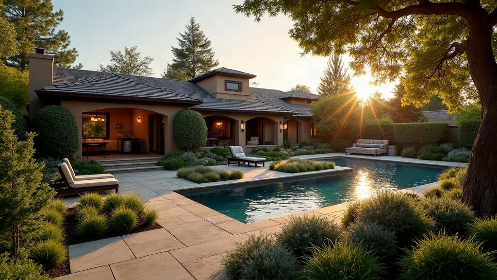 Sun-drenched Southern California landscape with a manicured lawn, lush plantings and clean stone pathway